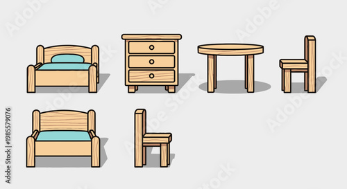 Cartoon wooden furniture set featuring a bed nightstand round table and chair rendered in a charming illustration style on a plain background