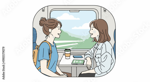 Two friends chat while traveling by train, enjoying the scenic view outside