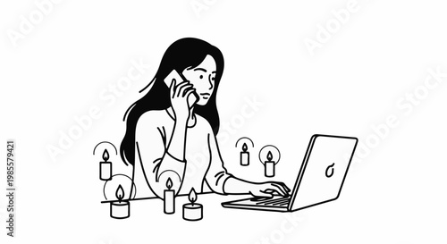 Woman using laptop and phone by candlelight during a power outage