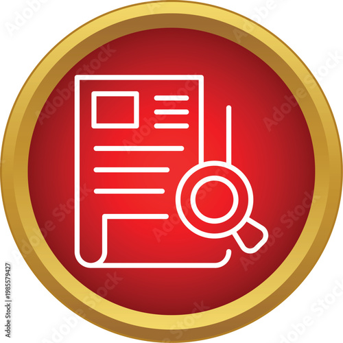 Document icon with magnifying glass representing data search and analysis on a red background
