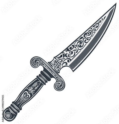 Vintage Decorative Dagger with Ornate Filigree Blade and Hilt Illustration