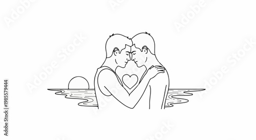 Two men embrace lovingly by the sea at sunset, with a heart symbol