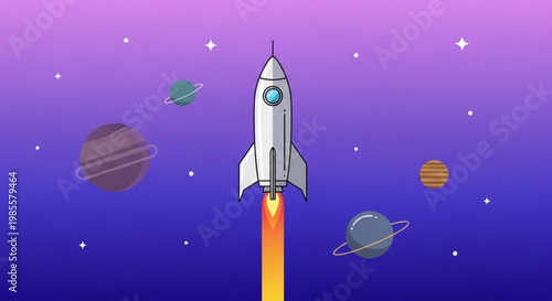 Retro rocket ship launching into colorful galaxy with planets and stars flat vector illustration for space exploration and science concepts