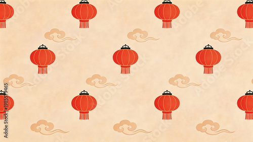 Seamless Chinese Lunar New Year Pattern with Red Lanterns and Clouds Generative AI