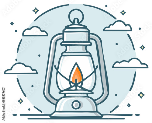 Vintage kerosene lantern with glowing flame and cloudy sky background illustration