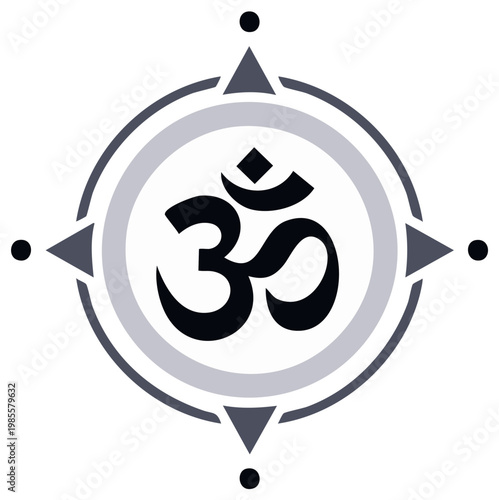 Om symbol in a compass design. Hindu spiritual icon isolated.