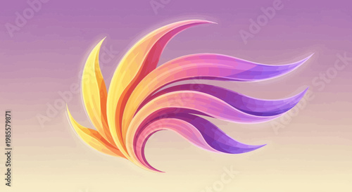 Abstract vector illustration featuring flowing stylized feathers in vibrant gradient hues of yellow orange pink and purple