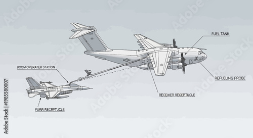 Aerial refueling of jet fighter aircraft by tanker airplane in flight aviation illustration with boom operator station diagram