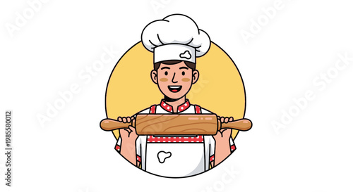 Cheerful cartoon baker holding rolling pin in kitchen with toque blanche apron and red trim on a light yellow circular background