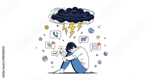A vector illustration depicts a person curled up, overwhelmed by digital notifications and a dark cloud with lightning, set against a clean white background conveying a sense of stress