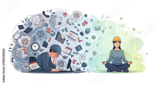 Vector illustration contrasts a stressed worker overwhelmed by tasks with a calm engineer meditating in lotus position against a white background with a gradient of blue, grey, and green