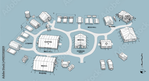 Aerial schematic of a disaster relief camp layout in a blueprint style; medical sleeping command post and mess tents; disaster response preparation