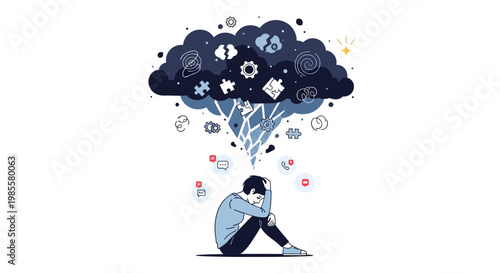 Vector illustration shows a seated, dejected person with their head in their hands beneath a dark cloud of connected icons, conveying a sense of overwhelming technological complexity