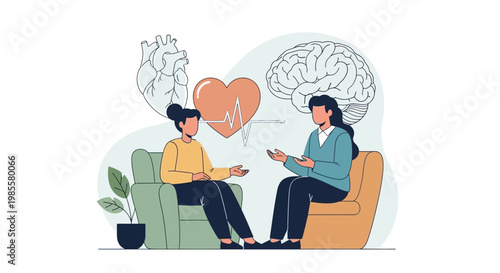 A vector illustration shows two women in a therapy session, with one listening attentively and the other gesturing, set against a white background and styled with hand-drawn heart, brain