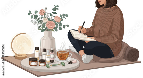 Illustration of a relaxed young woman journaling on a cushion next to a tray with skincare products, a steaming cup of tea, and flowers in a vase, all in a cozy, softly lit scene with warm