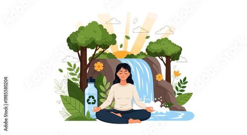 An illustration shows a woman in a meditative pose with a recycled water bottle near a waterfall surrounded by trees, set against a white background with sun rays, conveying a sense