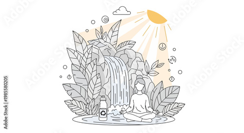 Line art illustration of a serene woman meditating in lotus position near a waterfall, with a refreshing drink bottle beside her, set against a backdrop of lush foliage under a radiant sun