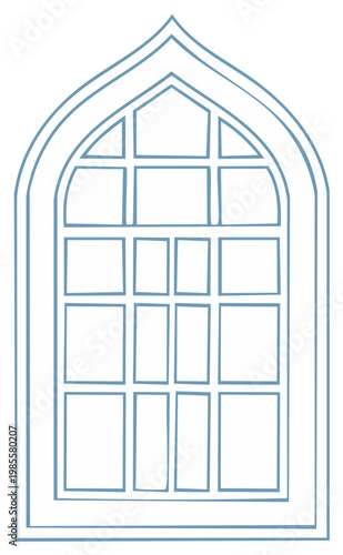 Simple illustration of an arched window with rectangular pane divisions in a light blue outline