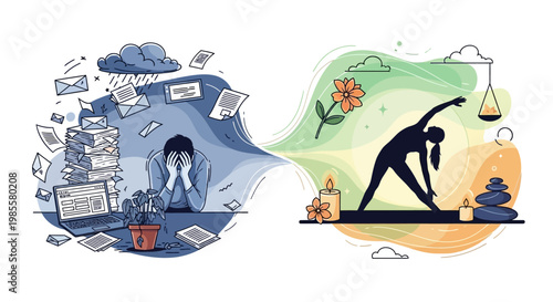 Split illustration contrasting a stressed individual overwhelmed by work at a desk with a laptop, versus a serene yoga pose amidst flowers and candles, set against a clean white background