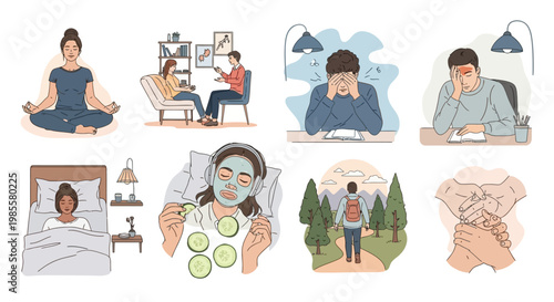 Collection of vector illustrations depicting diverse mental health concepts, including meditation, therapy sessions, anxiety, and self-care routines like applying a facial mask, set