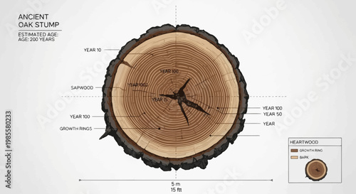 Ancient oak stump cross-section showing tree rings and age estimation in a detailed diagrammatic illustration displaying growth rings and sapwood layers