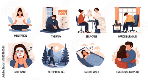 Illustrative vector montage depicting various self-care activities, including meditation, therapy, skincare, nature walks, and emotional support, set against white backgrounds with soft