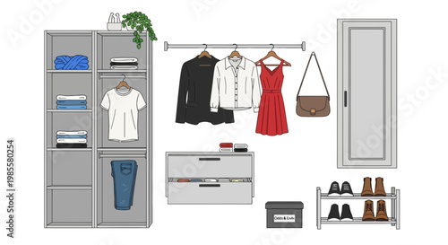 Clothing assortment displayed in a closet with hanging garments folded items and shoe rack in a fashion and lifestyle illustration