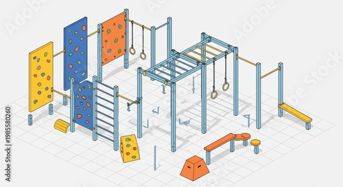 Climbing wall and gymnastic equipment on a playground for exercise and fun isometric illustration style blue and orange