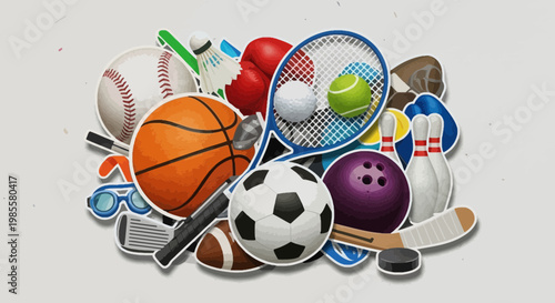 Collage of sports equipment featuring baseball basketball tennis football bowling and soccer balls in a cartoon style