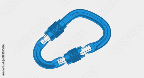 Blue climbing carabiner clip illustration for outdoor adventure and safety equipment; cartoon style climbing gear for recreational activity and extreme sports