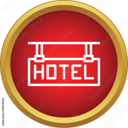 Hotel signboard line icon on a round red push button