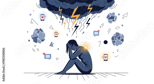 Stylized illustration of a slumped, faceless woman with her head in her hands, depicted with a stormy cloud overhead and lightning bolts, conveying a sense of anxiety and stress