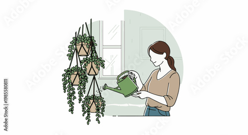 Woman waters hanging plants indoors, a peaceful domestic scene
