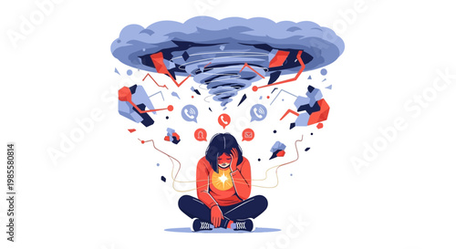 Vector illustration of a woman overwhelmed by social media sitting cross-legged with a glowing phone, depicted in a minimalist style against a white background, conveying a feeling