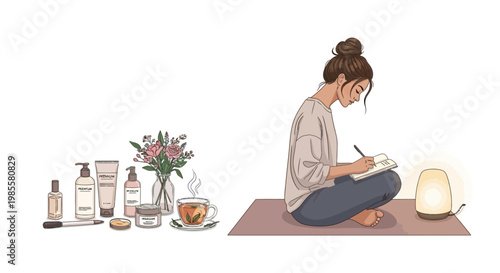 Digital illustration of a woman sitting cross-legged writing in a journal beside a glowing lamp, against a white background next to skincare products, tea, and flowers, with a calm