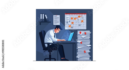 Illustrated office worker hunched over a laptop at his desk with a stack of papers, a calendar, and office supplies behind him, rendered in a flat, vector style against a blue wall