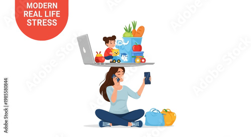 A woman with a mobile phone is balancing a laptop with a child and groceries in a conceptual illustration against a white background, demonstrating the stress of modern life in a colorful