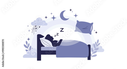 Stylized vector illustration of a person sleeping soundly in a bed with a floating pillow, under a crescent moon and stars, with whimsical clouds, set against a clean white background