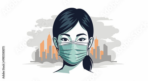 Woman wearing a protective mask with city skyline in the background