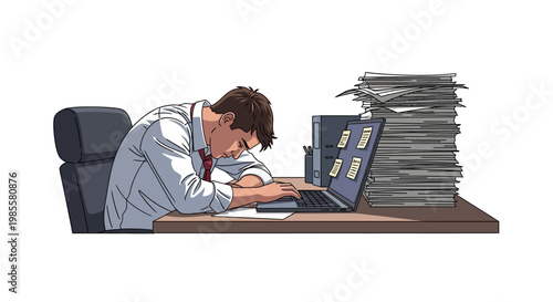 Illustration depicting a tired businessman slumped over his laptop at his desk in a bright, modern office, surrounded by a huge stack of papers, conveying a feeling of stress and exhaustion
