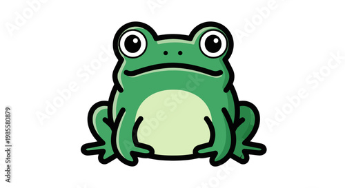 Cartoon green frog illustration with black outline featuring a light green stomach and big eyes isolated on a clean white background