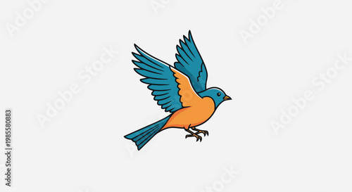 Colorful blue and orange bird flying with outstretched wings cartoon illustration with vibrant feathers against plain background