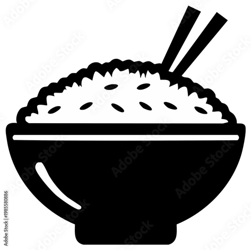 Traditional Asian steamed rice in a bowl with chopsticks minimalist graphic icon silhouette