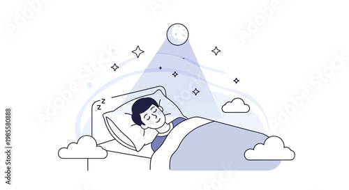 Line art illustration of a sleeping person resting peacefully in bed under a moonlit sky, with simple, clean lines and a calming color palette against a white background creating a serene