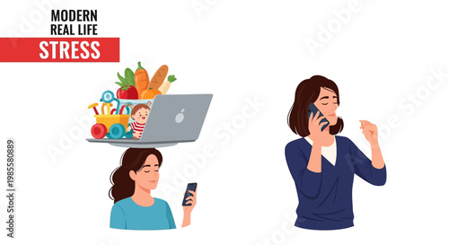 Conceptual illustration of a woman balancing laptop laden with groceries and baby items while using a phone, contrasted with another woman talking on a phone in a blue outfit on a clean