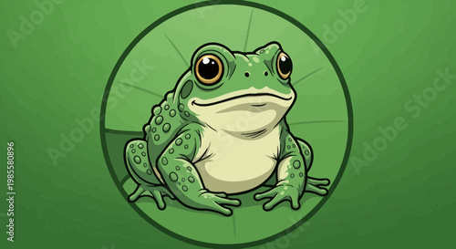 Cartoon green frog sitting on lily pad illustration in vector art; comic amphibian with bumpy skin posing on plant in digital design