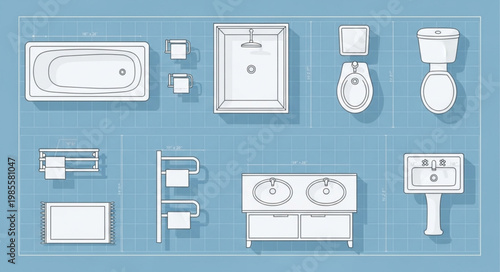 Collection of bathroom fixtures and accessories on a blue grid background.