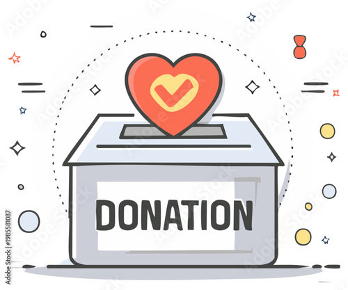 Hand Drawn Donation Box with Heart and Checkmark Illustrating Charitable Giving