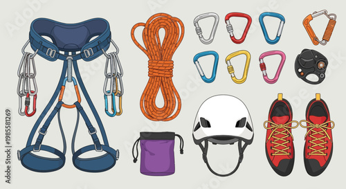 Climbing equipment illustration featuring harness rope carabiners helmet chalk bag and shoes arranged against a light background