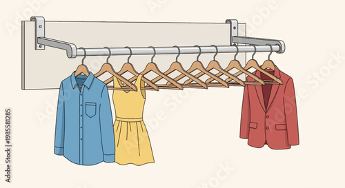 Clothes hanging on wooden hangers on a closet rod featuring a blue shirt yellow dress and red blazer in a minimalist style